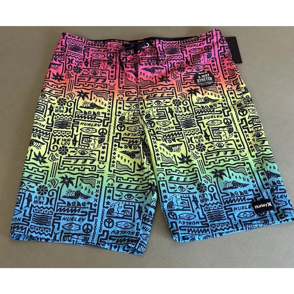 Hurley Boys Size 18 Rainbow Graphic Boardshorts NWT 4 Way Stretch Swim Trunks